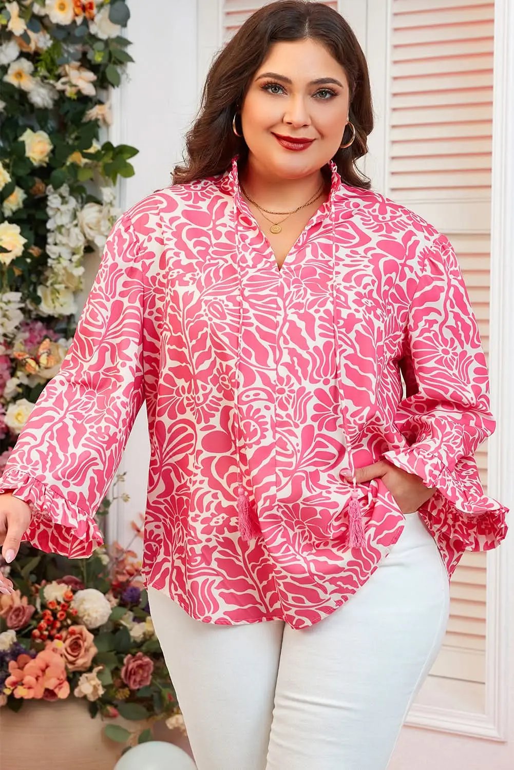 Pink Plus Size Floral Print Frilled Neck Puff Sleeve Top - Love Salve